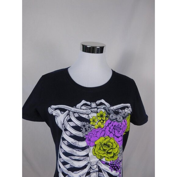 Michaels Shirt Womens Large Navy Graphic Skeleton Rib Cage Floral Goth Tee - Picture 2 of 10